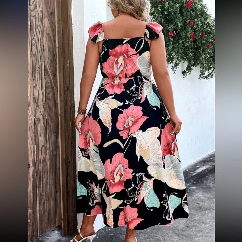 Plus size floral print off shoulder ruffle trim maxi dress - Picture 3 of 8